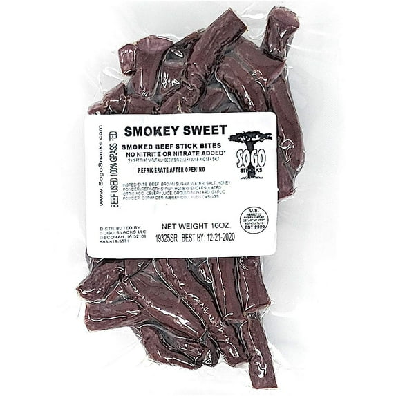Smokey Sweet, Sogo Snacks, 100% Grass-fed & Grass-finished, Non-GMO Beef Bites. No Added Nitrates, Gluten, Soy, Dairy, Nuts, Eggs, or MSG. Antibiotic & Hormone Free (Smokey Sweet, 16-oz, 1-Count)
