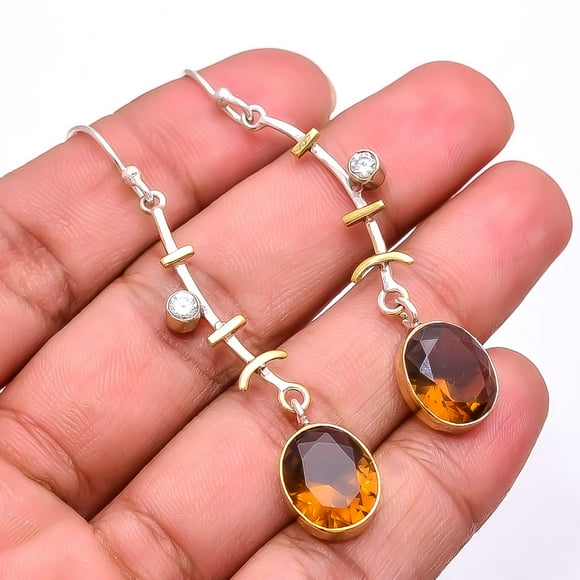 Smokey & White Topaz 925 Silver Plated Two Tone Earring 2.34", Brown Smoky Quartz Earring E_8030_351_44