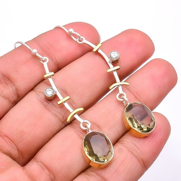 Smokey & White Topaz 925 Silver Plated Two Tone Earring 2.34", Brown Smoky Quartz Earring E_8030_351_53