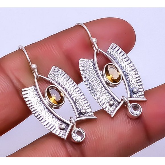 Smokey & White Topaz Designer Handmade 925 Sterling Silver Earring 1.56" E36, Gemstone Silver Jewelry, New Year Sale, Valentin's Day Gift