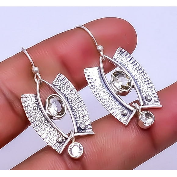Smokey & White Topaz Designer Handmade 925 Sterling Silver Earring 1.56" E43, Gemstone Silver Jewelry, New Year Sale, Valentin's Day Gift