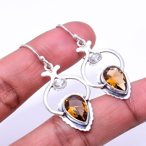 Smokey & White Topaz Designer Handmade 925 Sterling Silver Earring 1.72" E9, Gemstone Silver Jewelry, New Year Sale, Valentin's Day Gift