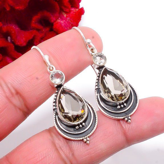 Smokey, White Topaz Oxidised 925 Sterling Silver Earring 1.76" Sk19, Christmas, Handmade Jewelry, Dangle Earring