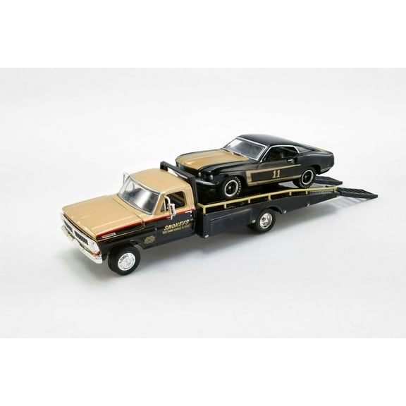 Smokey Yunick 1970 Ford F-350 Ramp Truck & 1969 Ford Mustang Trans Am, Black and Gold - Greenlight 51341 - 1/64 scale Diecast Model Toy Car