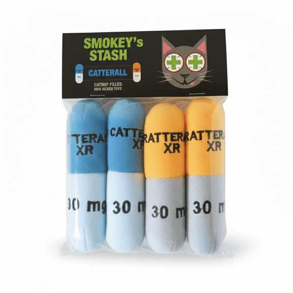 Smokeys Stash Catnip Toys Catterall 4 Pack Plush Pill Toys with Potent Catnip & Crinkle Paper  Funny Prescription Parody Cat Toys for Indoor Cats & Kittens  Interactive Kicker Toys