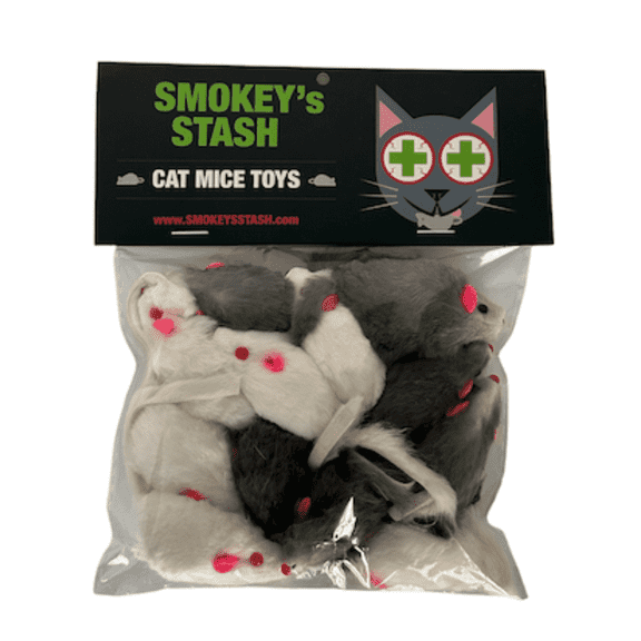 Smokey's Stash Rabbit Fur Mouse Cat Toy 12 per Pack White and Gray Fuzzy Toys for Cats with Rattle Realistic Fake mice (12) Visit the Smokey's Stash Store