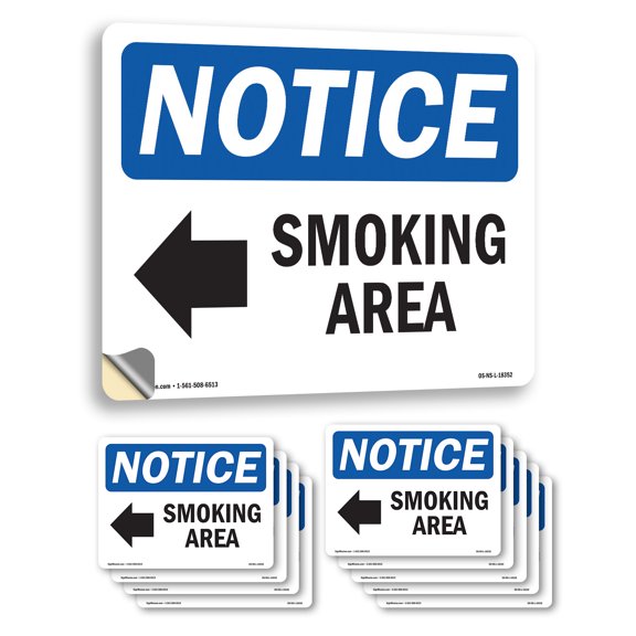 Smoking Area [Left Arrow] With Symbol OSHA Notice Vinyl Decal Label 10 Inch x 7 Inch - 10 Pack