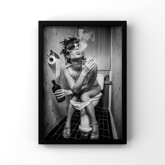 Smoking In The Bathroom, Bathroom Decor, Bathroom Accessories, Black And White Prints, Black Bathroom, Funny Bathroom Print, Alt Art Prints #1970, Stretched Canvas Size 8x12