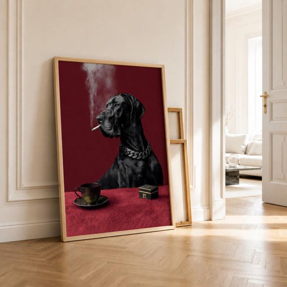 Smoking Black Dog Poster | Great Dane Burgundy Luxury Print, Vintage Noir Art