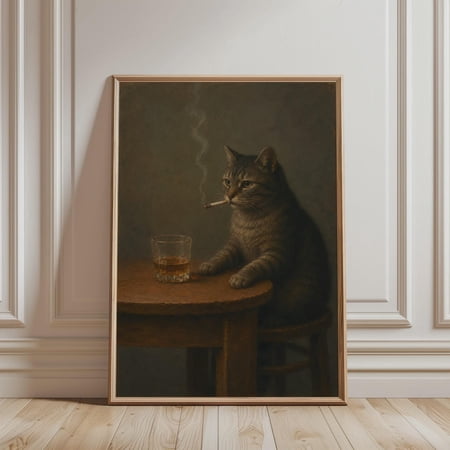 Smoking Cat Poster – Whiskey Bar Wall Art, Funny Vintage Tabby Cat Print, Dark Academia Animal Decor, Moody Cat Lover Gift UNFRAMED