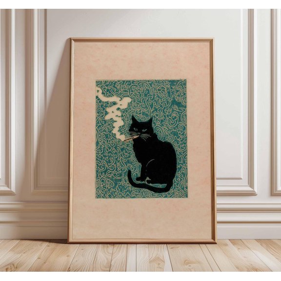 Smoking Cat Quirky Black Vintage Style Feline Illustration Cool Whimsical Artwork, Unframed Poster