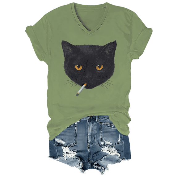 Smoking Cat Shirt Vintage Black Cat Tee V-Neck