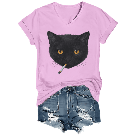 Smoking Cat Shirt Vintage Black Cat Tee V-Neck