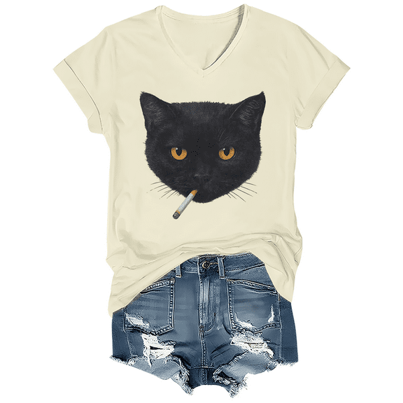 Smoking Cat Shirt Vintage Black Cat Tee V-Neck