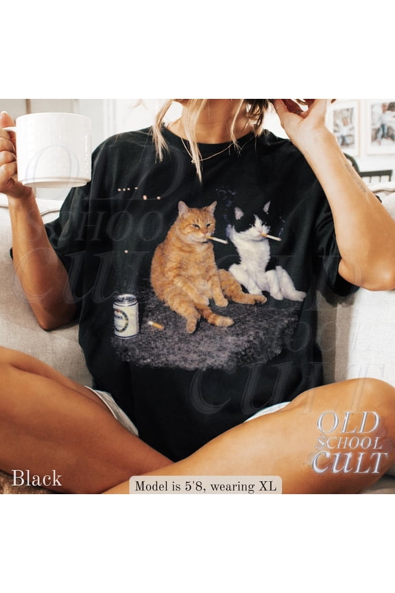 Smoking Cats Graphic T Shirt, Vintage Smoking Cat Tee, Retro Streetwear Shirts, Funny Kitten Top, Unisex Oversized Cool Beer Tshirt
