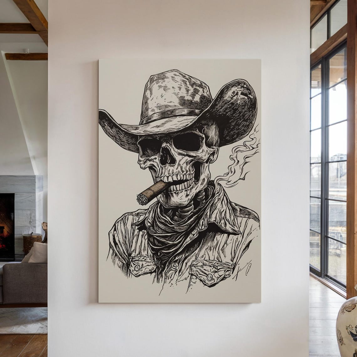 Smoking Cowboy Skull Art Print - Black And White Western Gothic ...