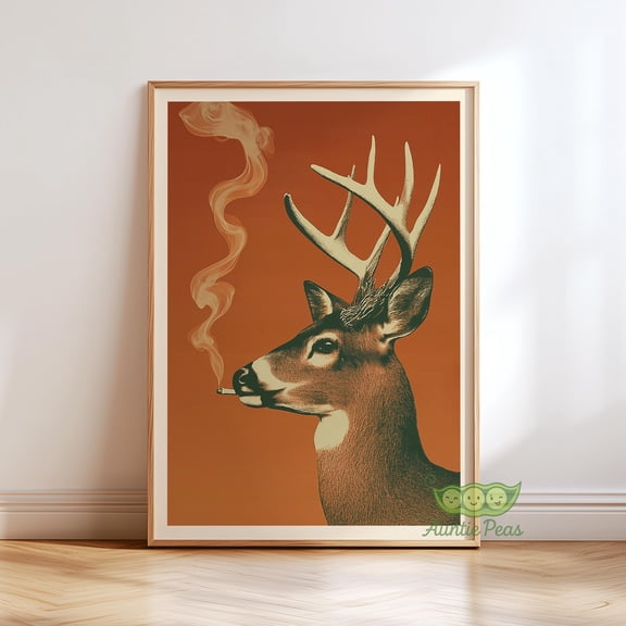 Smoking Deer Vintage Poster Art, Funny Retro Wildlife Print, Whimsical Buck Artwork, Cabin Wall Decor, Rustic Hunter Gift , Poster Print Only