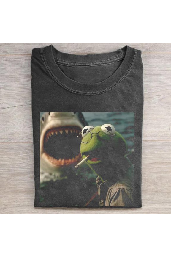 Smoking Frog Meme Tee, Vintage Dark Humor Shirt, Shark Attack Parody T-Shirt, Retro Cinematic Graphic Shirt