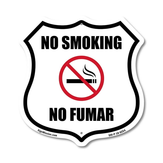No Smoking No Fumar Bilingual English / Spanish (2 Pack) 6 inch X 6 inch Shield Shaped Commercial Grade Plastic Signs Weather Resistant Made in the USA