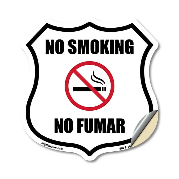 No Smoking No Fumar Bilingual English / Spanish (5 Pack) 4 inch X 4 inch Shield Shaped Heavy Duty 3.2 mil Vinyl Decals Weather Resistant Made in the USA