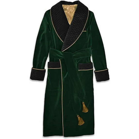 Smoking Jacket Green Long Velvet Gown for Men English Vintage Gentleman Belted Robes