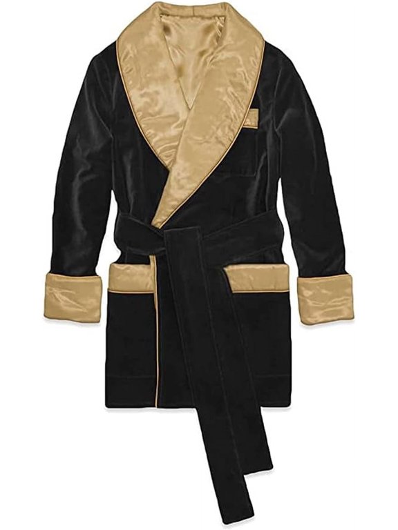 Men’s Velvet Smoking Jacket Robe, Satin Shawl Collar Lounge Robe with Belt, Luxury Black Dressing Gown with Gold Contrast