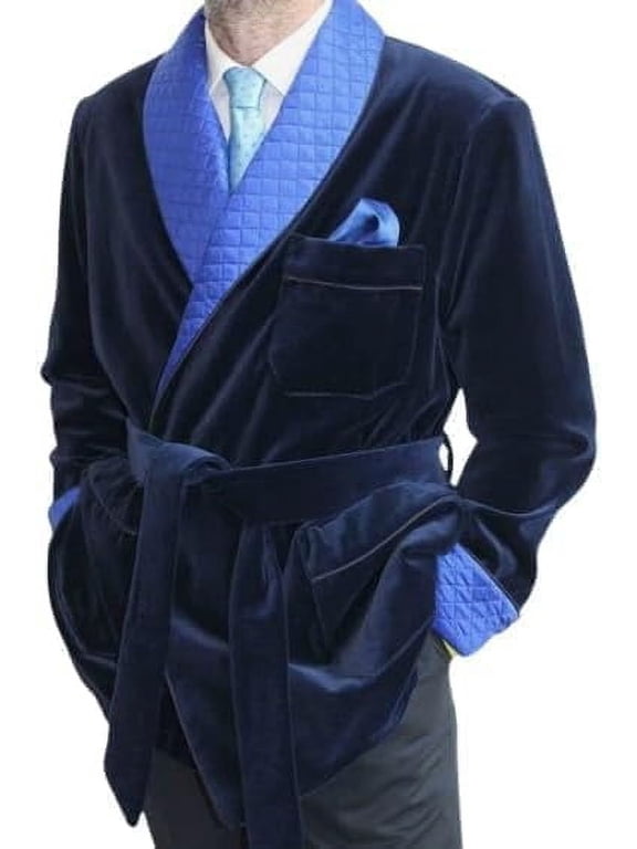 Smoking Jacket, Men Double Breasted Blue Luxurous Velvet Cigar Robe for Dinner Jacket