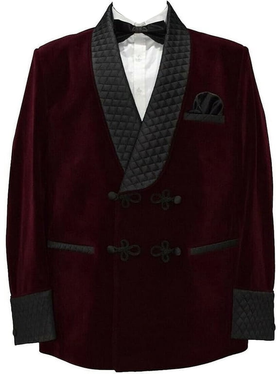 Smoking Jacket, Men Double Breasted Luxury Velvet Burgundy Cigar Robe for Dinner,Wedding,Party & All Ocasion 