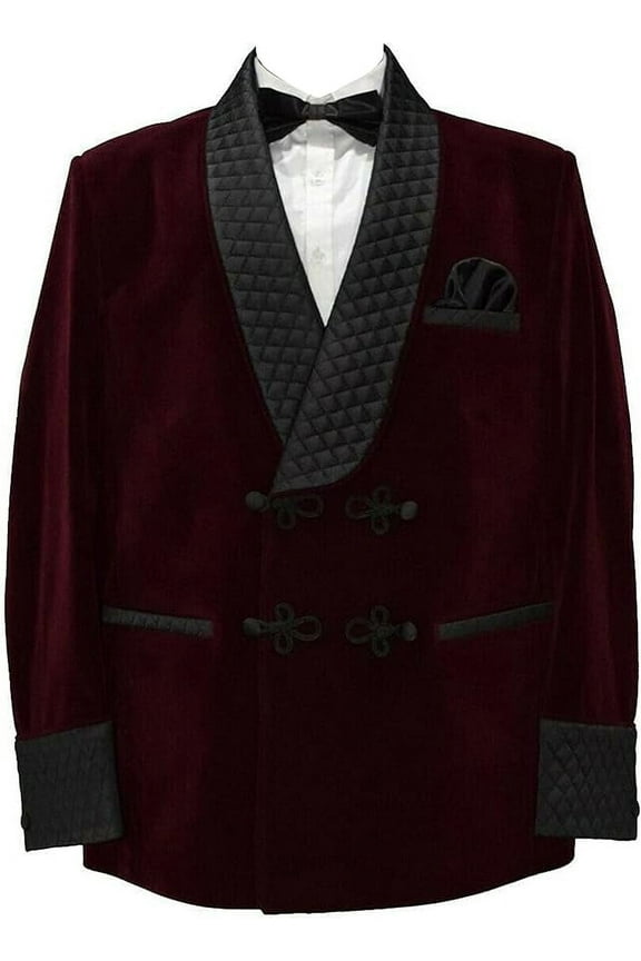 Smoking Jacket, Men Double Breasted Luxury Velvet Burgundy Cigar Robe for Dinner,Wedding,Party & All Ocasion