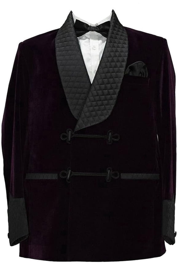 Men’s Velvet Smoking Jacket, Quilted Shawl Collar Dinner Blazer, Luxury Formal Lounge Jacket with Toggle Closure, Dark Purple