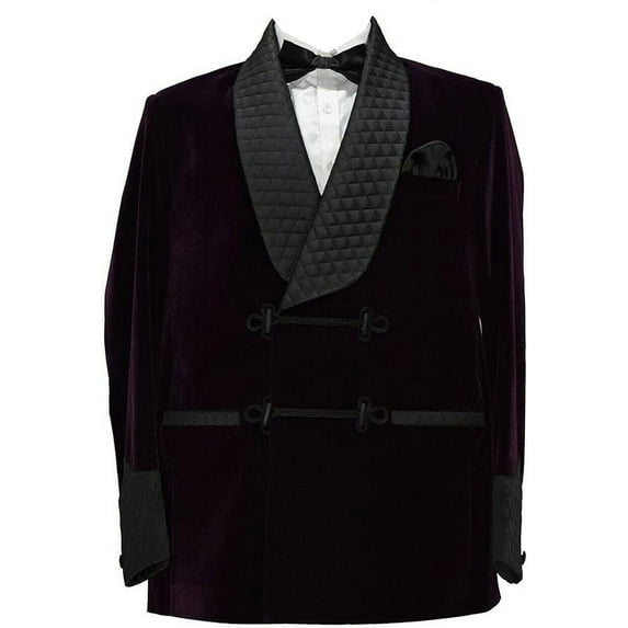 Smoking Jacket, Men Double Breasted Luxury Velvet Purple Cigar Robe for Dinner,Party,Wedding,Hosting