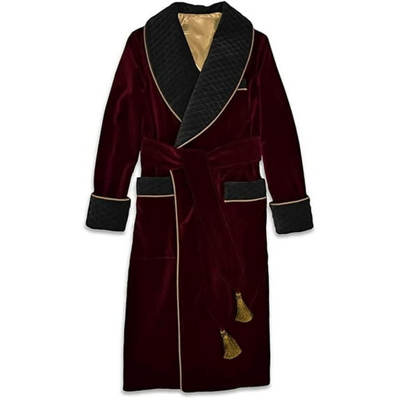 Smoking Jacket Red Long Velvet Gown for Men English Vintage Gentleman Belted Robes