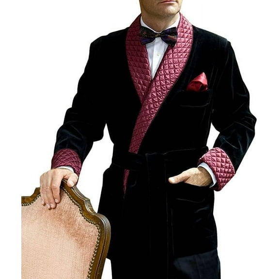 Men’s Black Velvet Smoking Jacket – Wine Red Quilted Satin Collar & Cuffs, Lounge Robe Style