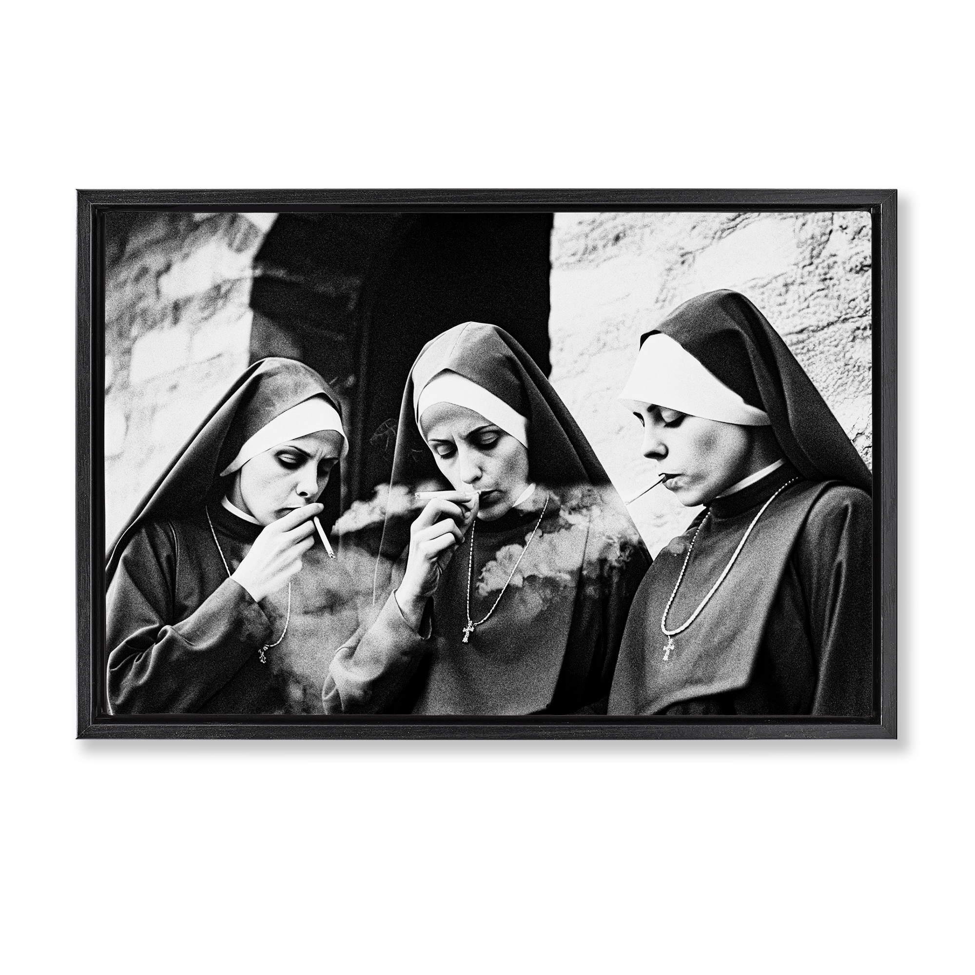 Smoking Nuns Rebellion Black Framed Floater Canvas Wall Art, design by Decent Exposures