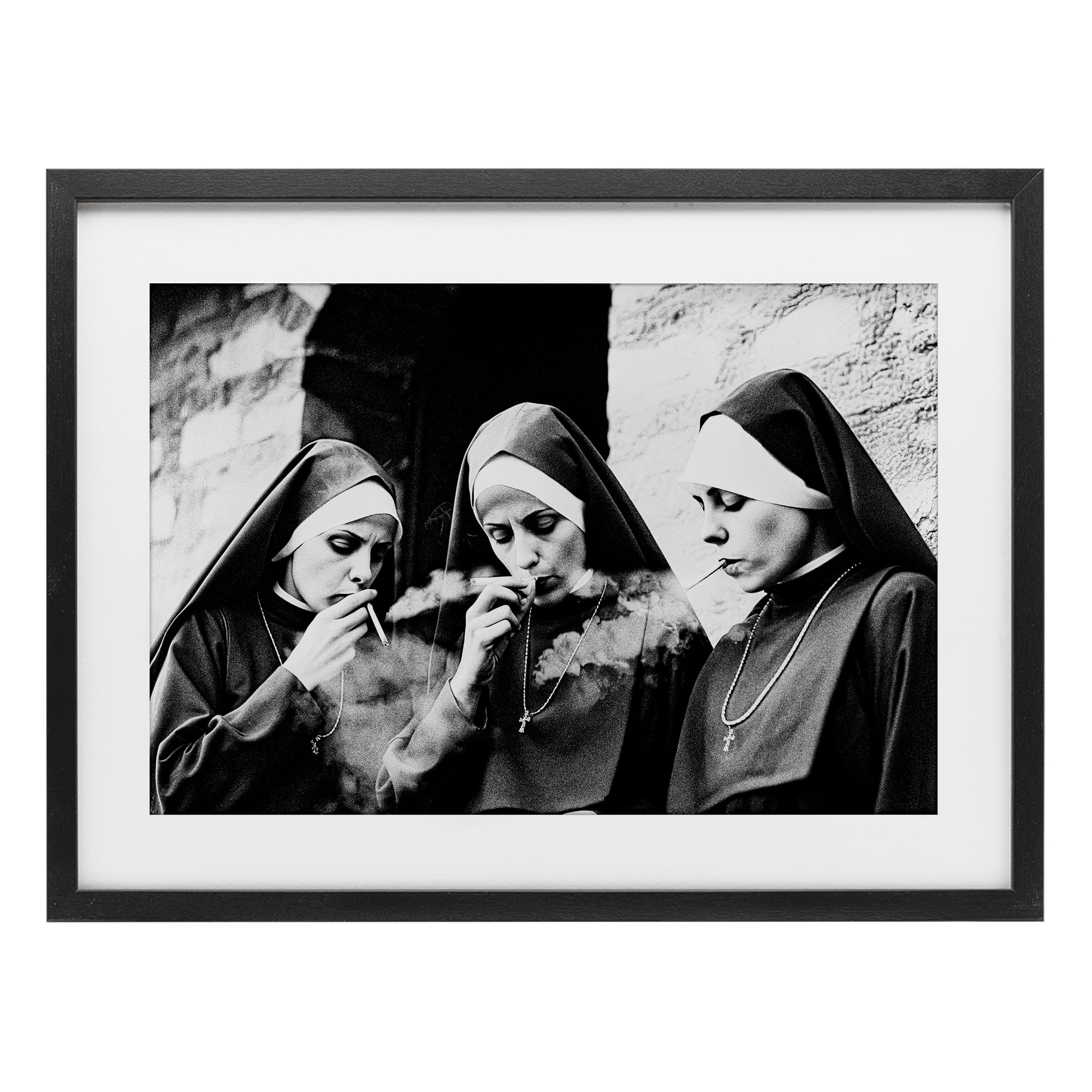 Smoking Nuns Rebellion Black Framed Print Under Glass, design by Decent Exposures
