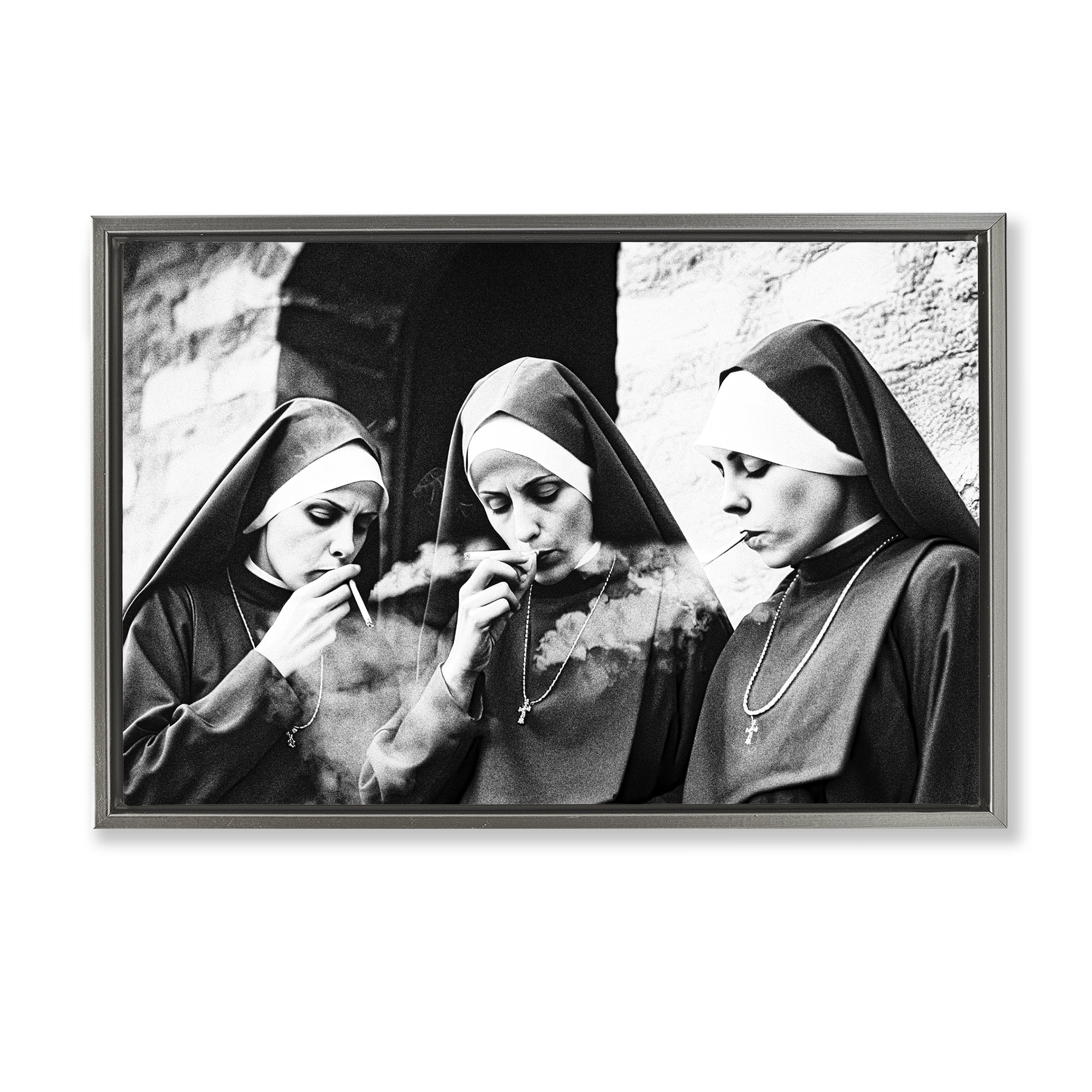 Smoking Nuns Rebellion Gray Framed Floater Canvas Wall Art, design by Decent Exposures