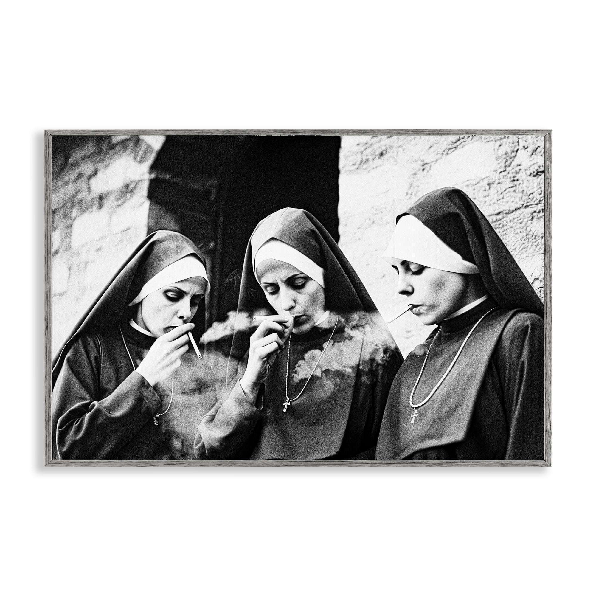 Smoking Nuns Rebellion Gray Framed Giclee Art, design by Decent Exposures