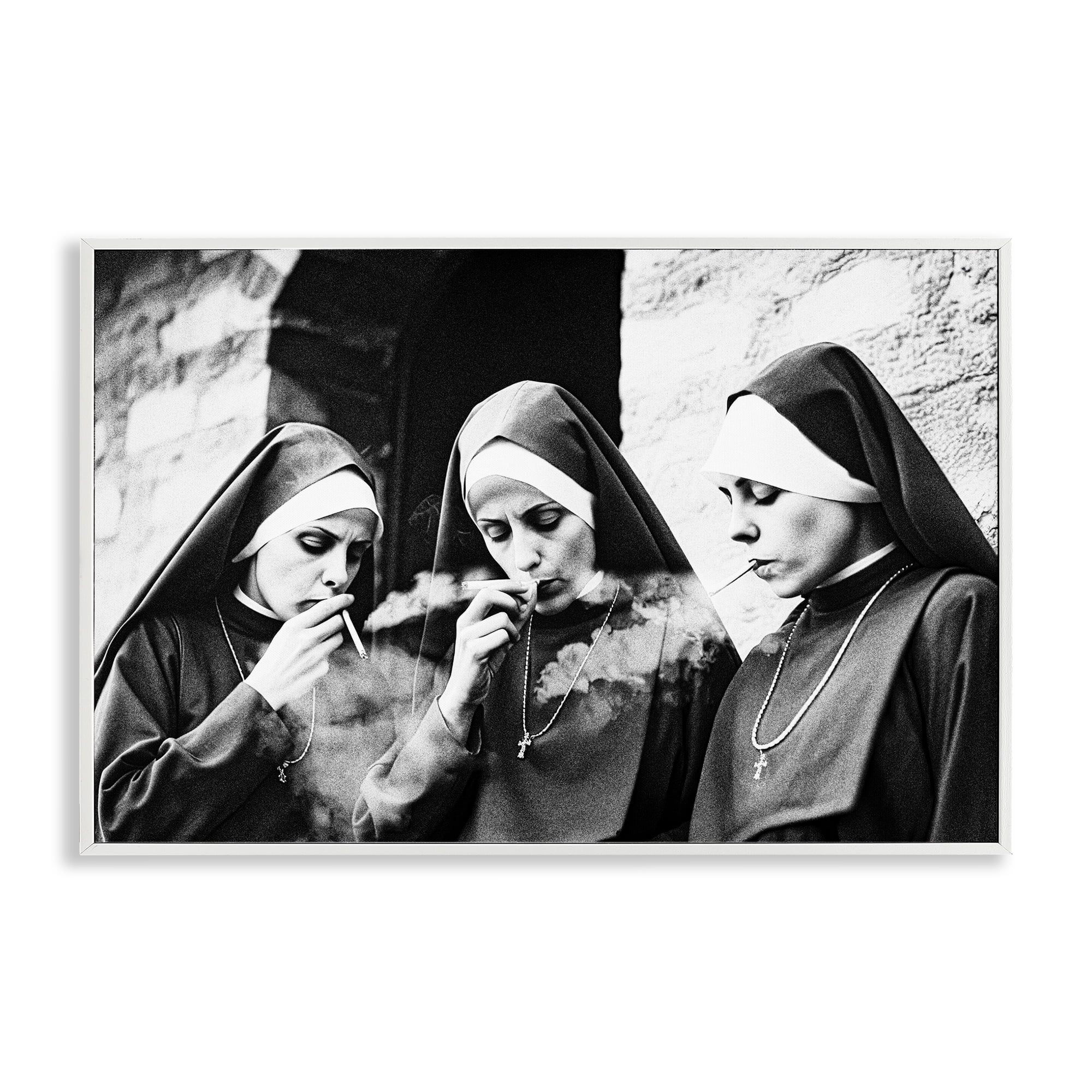 Smoking Nuns Rebellion White Framed Giclee Art, design by Decent Exposures