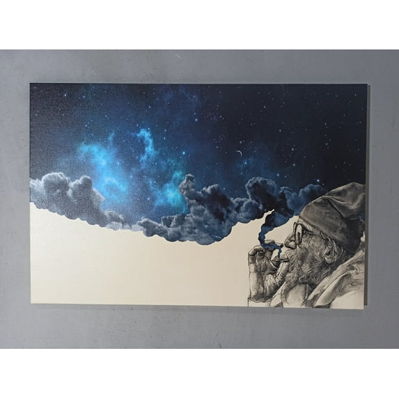 Smoking Old Man Wall Art, Space Poster, Surreal Artwork, Smoking Out in Space Printed, Modern Canvas Art, Abstract Wall Decor, Canvas Wall Decor - Gallery Wrapped