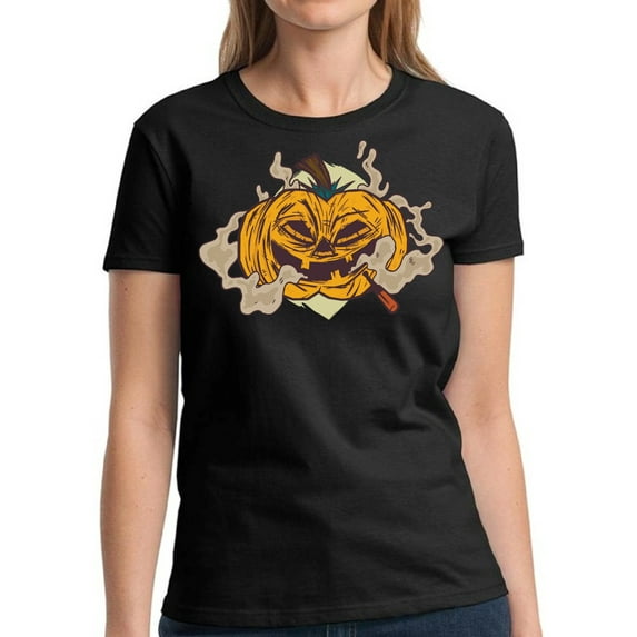 Smoking Pumplkin Halloween T Shirt for Women - S M L XL 2XL 3XL Graphic Tee - Scary Halloween Outfit Gift Funny Holiday Tee T-Shirt Ladies
