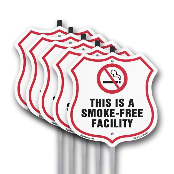 No Smoking Shield Label Set This Is A Smoke Free Facility (5 Pack) 12 inch X 12 inch Shield Shaped Rust-Free Aluminum Metal Signs with Aluminum Mounting Stakes Weather Resistant for