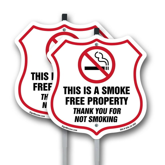 No Smoking Shield Sign This Is A Smoke Free Property Thank You For Not Smoking (2 Pack) 12 inch X 12 inch Shield Shaped Commercial Grade Plastic Signs with Aluminum Mounting Stakes