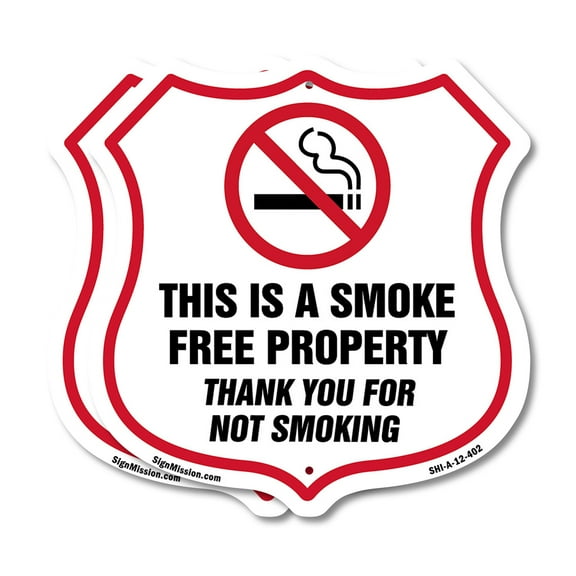 No Smoking Shield Sign This Is A Smoke Free Property Thank You For Not Smoking (2 Pack) 12 inch X 12 inch Shield-Shaped Rust-Free Aluminum Metal Signs Weather Resistant Made in the USA