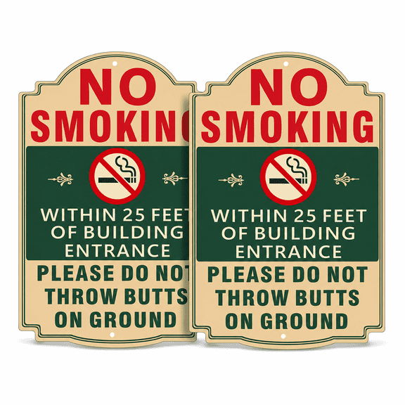 No Smoking Sign 2-Pack 12 x 8" Green Beige Metal Signs No Smoking Within 25 Feet of Building Entrance, Do Not Throw Butts on Ground Reflective Rust-Free Aluminum, Weatherproof UV Protected