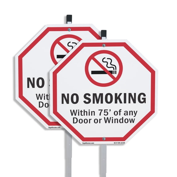 No Smoking Within 75' Of Any Door or Window (2 Pack) 10 inch X 10 inch Octagon Aluminum Metal Signs with Aluminum Mounting Stakes Weather Resistant UV Protected for Workplace Private