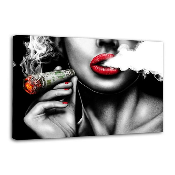 Smoking Woman Red Lips Money Cigar Stylish Poster Decorative Painting Canvas Wall Art Living Room Posters Bedroom Painting 24x36inch(60x90cm)