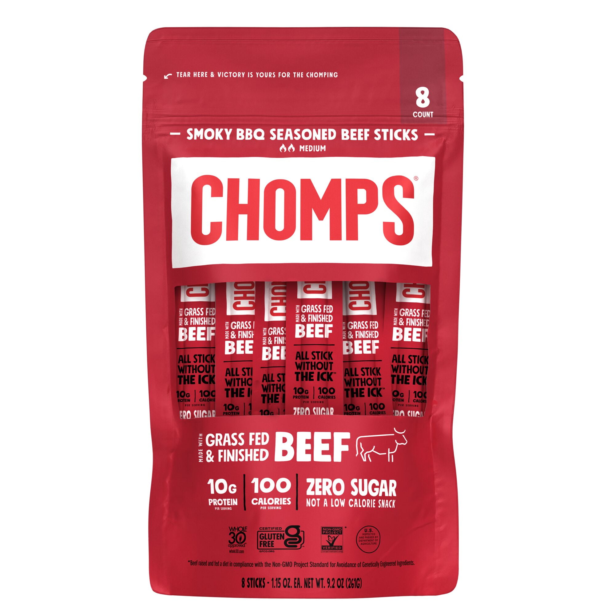 Chomps Grass-Fed and Finished Smoky BBQ Beef Jerky Meat Snack 8ct