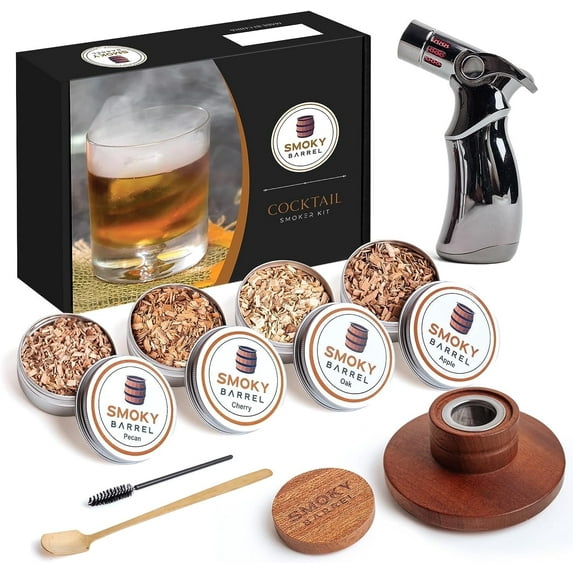 Smoky Barrel Cocktail Smoker Kit with Torch, 4 Wood Chips, & Infuser Top for Whiskey