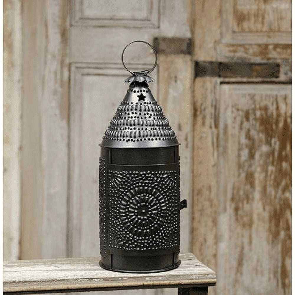 Antique Blackened Tin Punched Design Baker's Candle Lantern