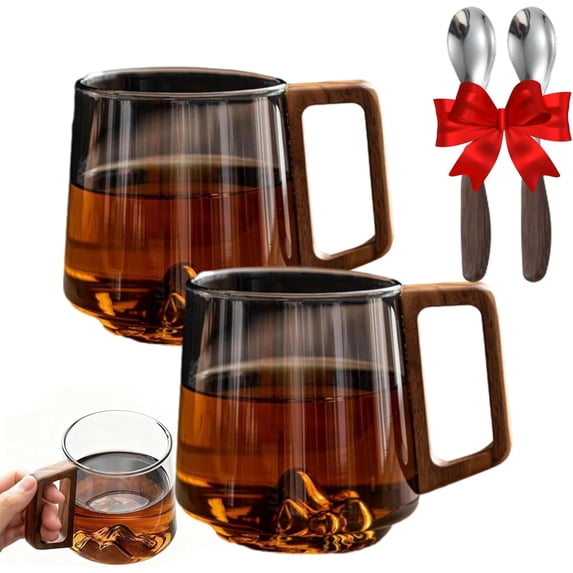 Smoky Gray Slanted Glass Coffee Cup with Wood Handle, Heat-Resistant Borosilicate Tea and Coffee Mug, Mountain-Inspired Design